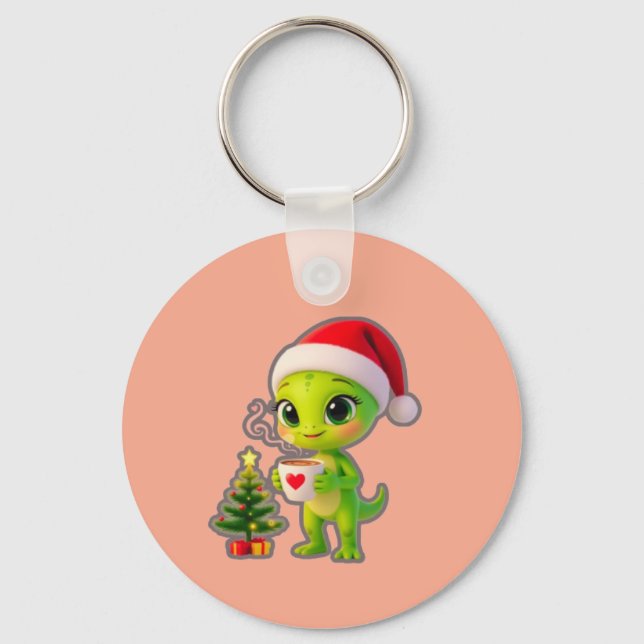 **Cute 3D Green Alien in Santa Hat with Hot Chocol Key Ring (Front)