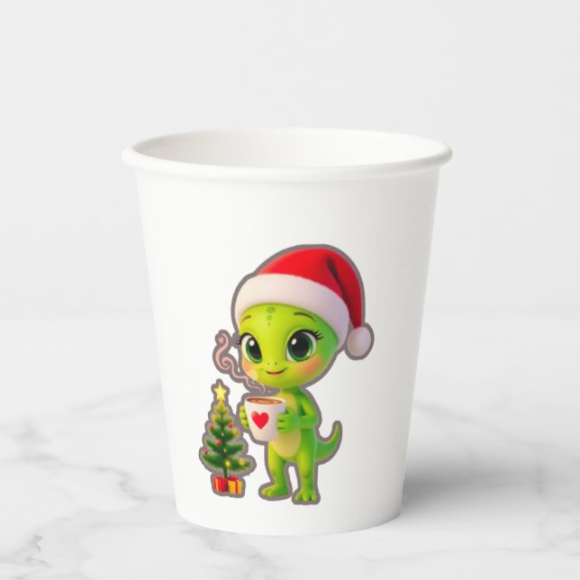 **Cute 3D Green Alien in Santa Hat with Hot Chocol Paper Cups (Front)