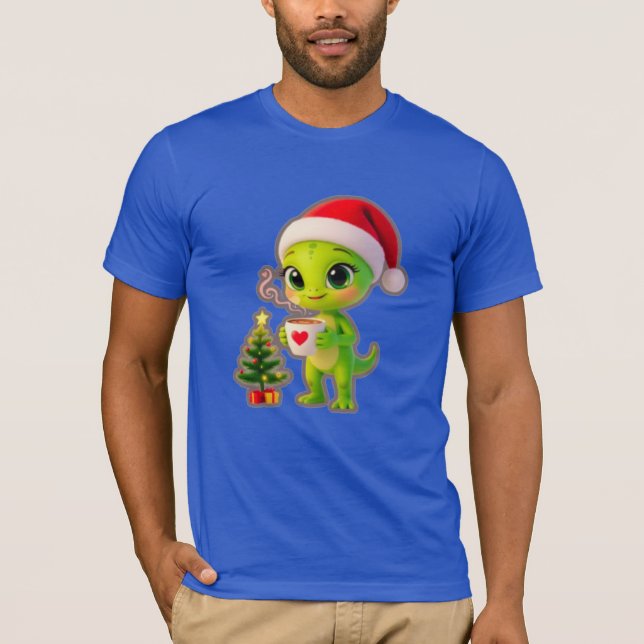 **Cute 3D Green Alien in Santa Hat with Hot Chocol T-Shirt (Front)