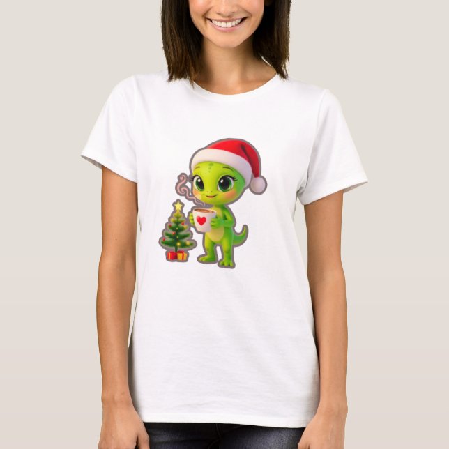 **Cute 3D Green Alien in Santa Hat with Hot Chocol T-Shirt (Front)