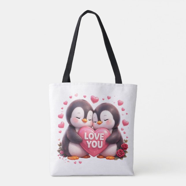 Cute 3D Penguin Love Tote Bag (Back)