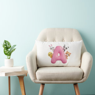 Cute 3D Pink Balloon Letter A with Forest Animals  Lumbar Cushion