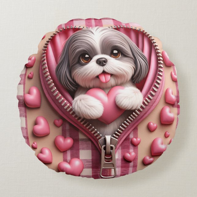 Cute 3D Shih Tzu in a Pink and White Background Round Cushion (Front)