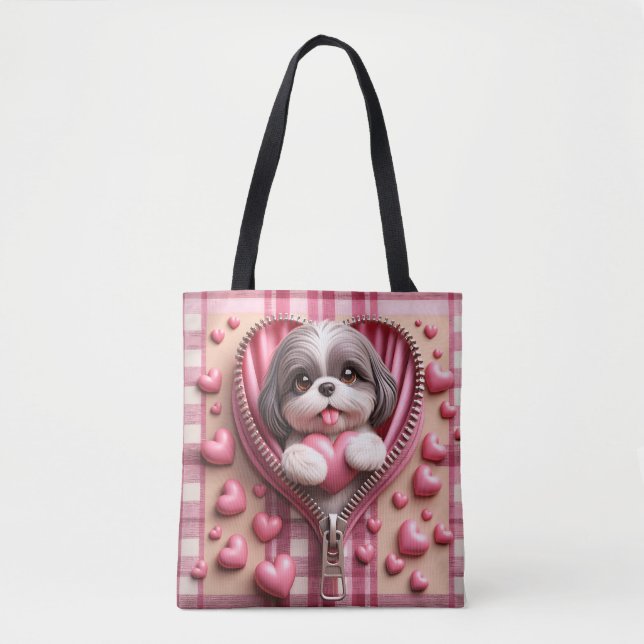 Cute 3D Shih Tzu in a Pink and White Background Tote Bag (Front)