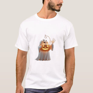 Cute 3D Waving Ghost with Glowing Pumpkin Lantern T-Shirt