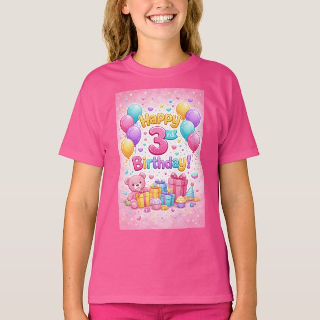 Cute 3rd Birthday Girl Balloon Design – Three Year T-Shirt (Front)