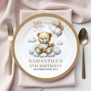 Cute 3rd Birthday Party Teddy Bear Gold Plates