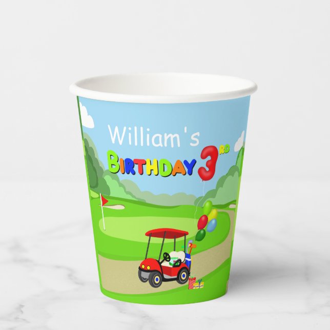 Cute 3rd Birthday Red Golf Cart Boy's Paper Cups (Front)