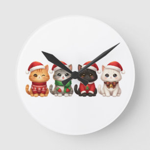 Cute 4 Christmas Cats - Holiday Cats Design Round Clock