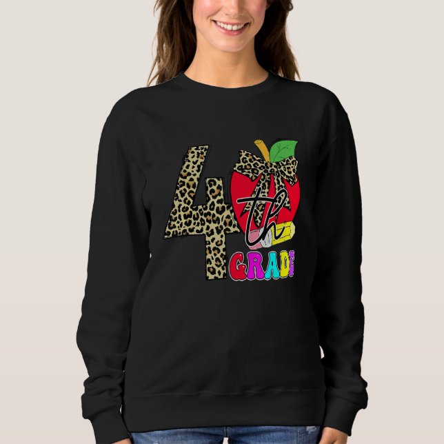Cute 4th Grade Teacher Students Leopard Apple Back Sweatshirt (Front)