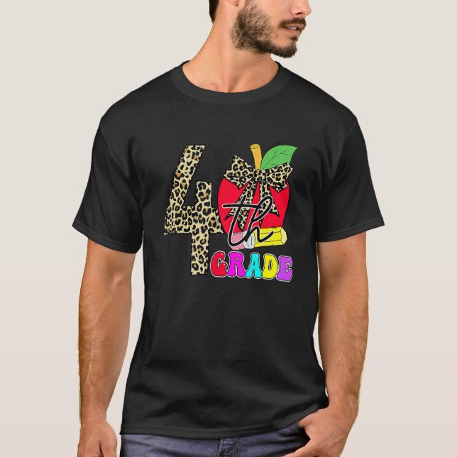 Cute 4th Grade Teacher Students Leopard Apple Back T-Shirt (Front)