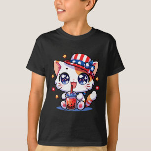 Cute 4th Of July Cat Shirt Girls Kids Kawaii Anime