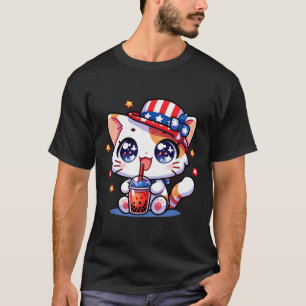 Cute 4th Of July Cat Shirt Girls Kids Kawaii Anime