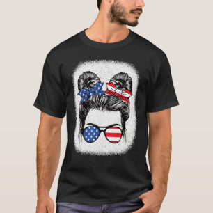 Cute 4th Of July Messy Bun Girl American Flag Patr T-Shirt