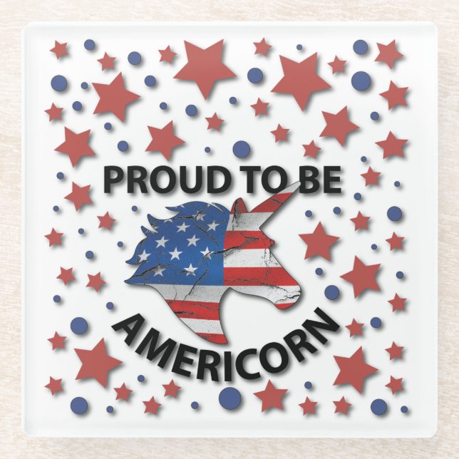 Cute 4th of July red, white and blue Americorn Glass Coaster (Front)