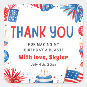 Cute 4th of July Red White Blue Birthday Thank you Square Sticker