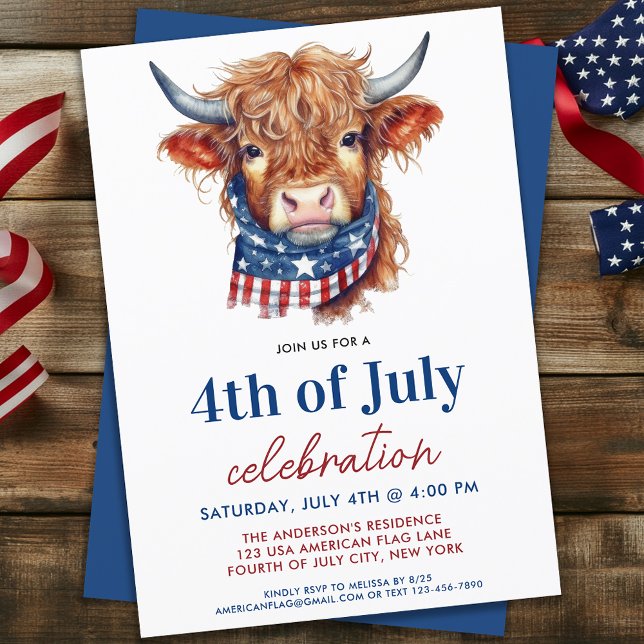 Cute 4th Of July Red White Blue Patriotic Cow Invitation (Creator Uploaded)