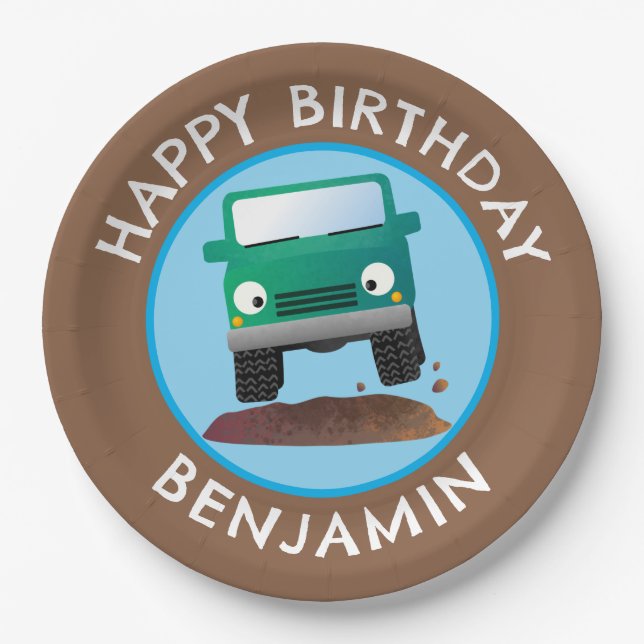 Cute 4X4 off road vehicle cartoon personalised Paper Plate (Front)