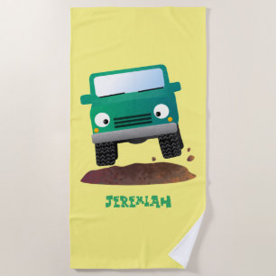 Cute 4X4 offroad vehicle cartoon car Beach Towel