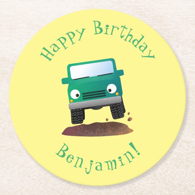 Cute 4X4 offroad vehicle cartoon car  Round Paper Coaster (Front)