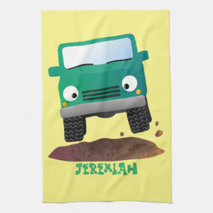 Cute 4X4 offroad vehicle cartoon car Tea Towel