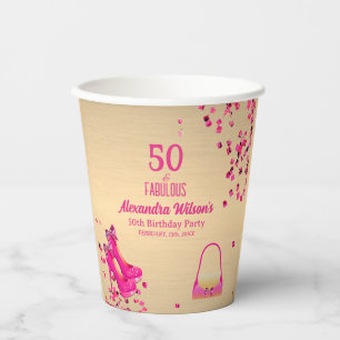 Cute 50& Fabulous High Heels Gold Hot Pink Glitter Paper Cups