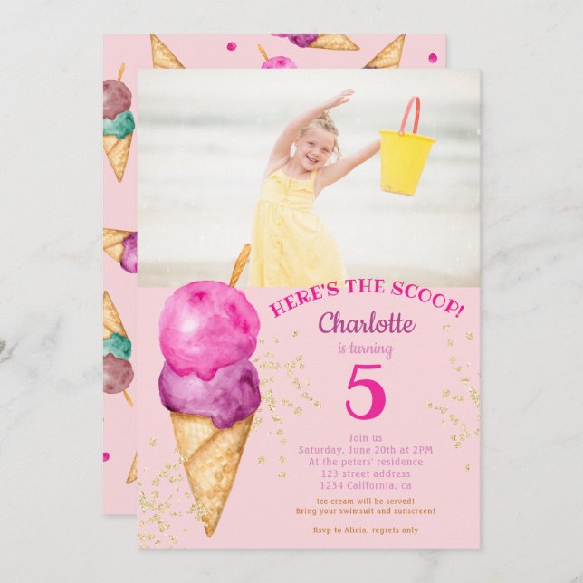 Cute 5th birthday here's the scoop ice cream photo invitation (Front/Back)