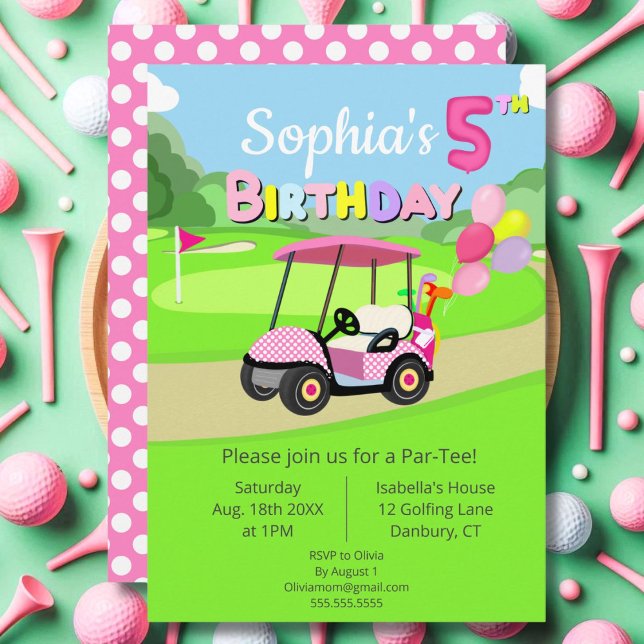 Cute 5th Birthday Polka Dot Pink Girly Golf  Invitation (Creator Uploaded)