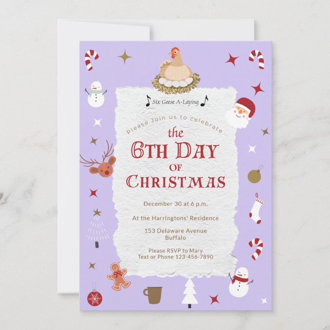 Cute 5th Day of Christmas Six Geese-A Laying Party Invitation (Front)