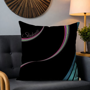 Cute 70s Retro Chic Stripes Personalised Black Cushion