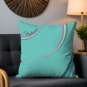 Cute 70s Retro Chic Stripes Personalised Cyan Cushion