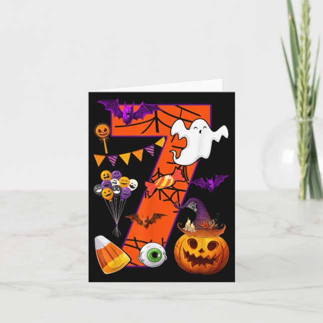 Cute 7 Years Old 7th Birthday Ghost Happy Hallowee Card (Front)