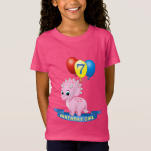 Cute 7th Birthday Girl Pink Baby Triceratops Dino T-Shirt