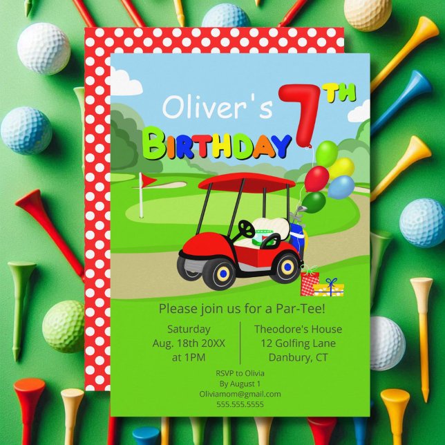 Cute 7th Birthday Red Golf Cart Boy's Invitation (Creator Uploaded)