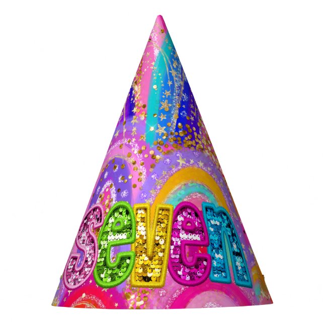 Cute 7th Rainbow Sequin Gold Glitter Maximalist Party Hat (Front)