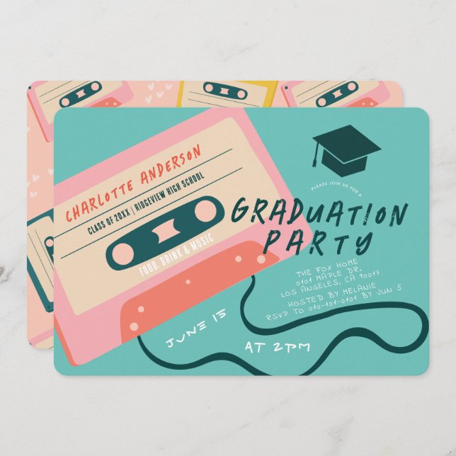 Cute 80's Pink Cassette Tape Music Graduation Invitation (Front/Back)