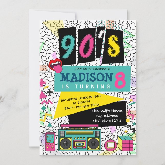 Cute 90s theme party birthday invitation (Front)