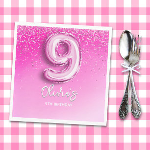 Cute 9th Birthday Girl Pink Number Balloon Napkin