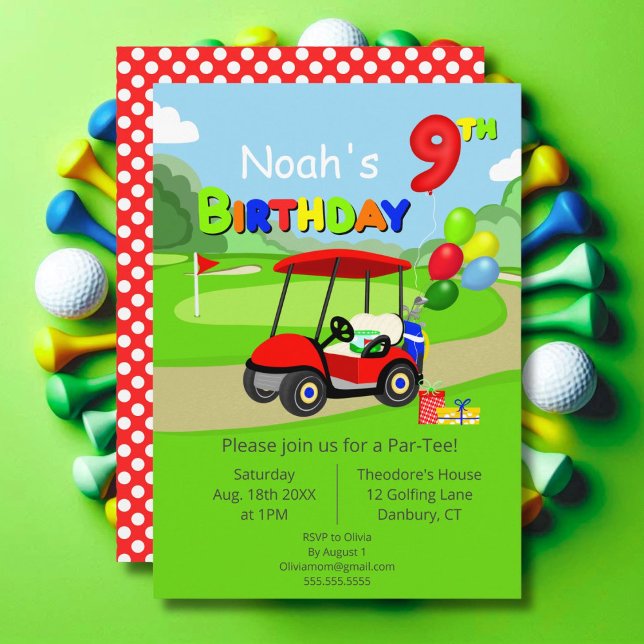 Cute 9th Birthday Red Golf Cart Boy's Invitation (Creator Uploaded)