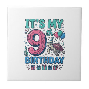 Cute 9th Birthday Turtle Vintage Kids Shirt Design Tile