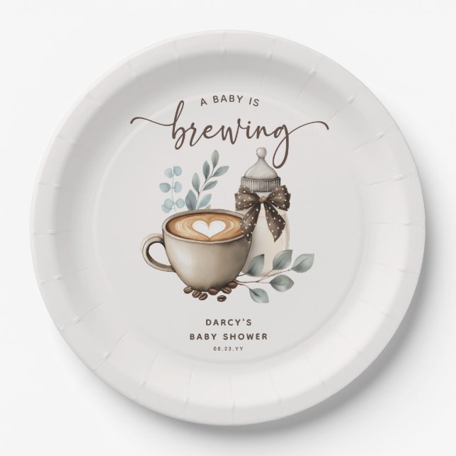 Cute 'a Baby is Brewing' Coffee Baby Shower Paper Plate (Front)