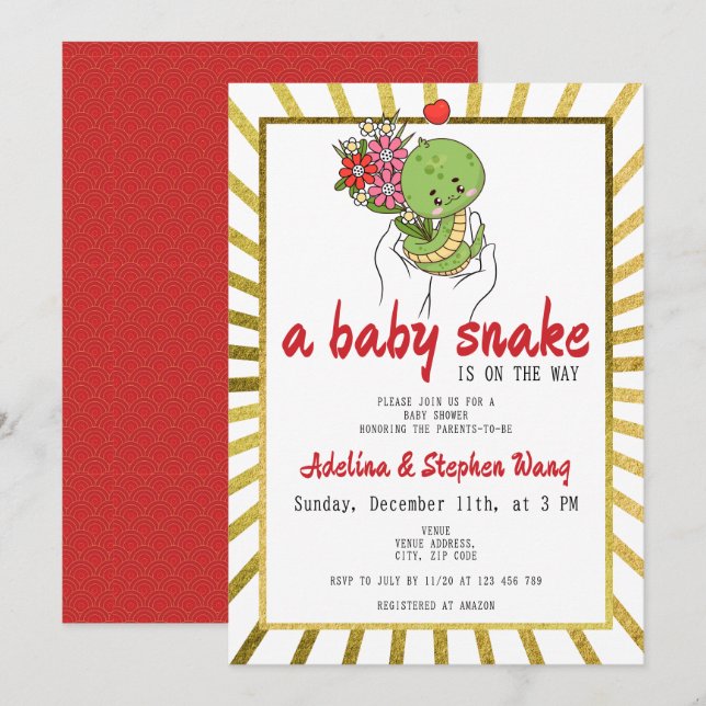 Cute A Baby Snake Is On The Way Gold Baby Shower Invitation (Front/Back)