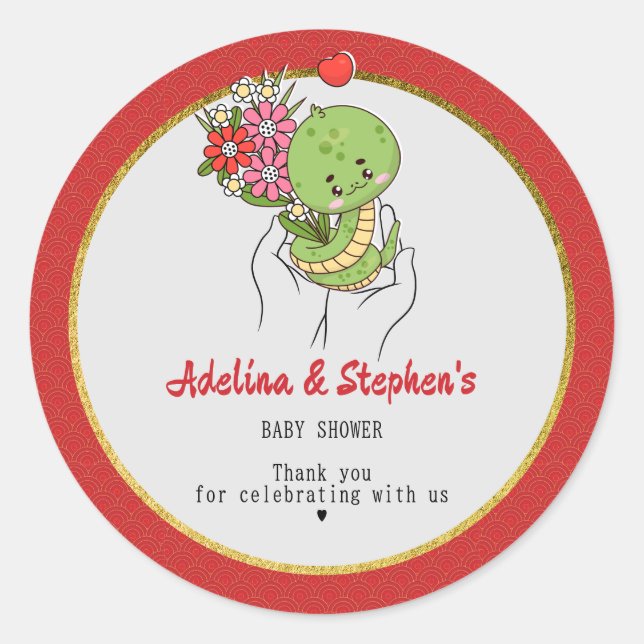 Cute A Baby Snake Is On The Way Red Baby Shower Classic Round Sticker (Front)