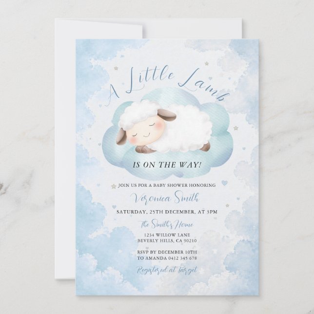 Cute A Little Lamb Baby Shower Blue Cloud Theme Invitation (Front)