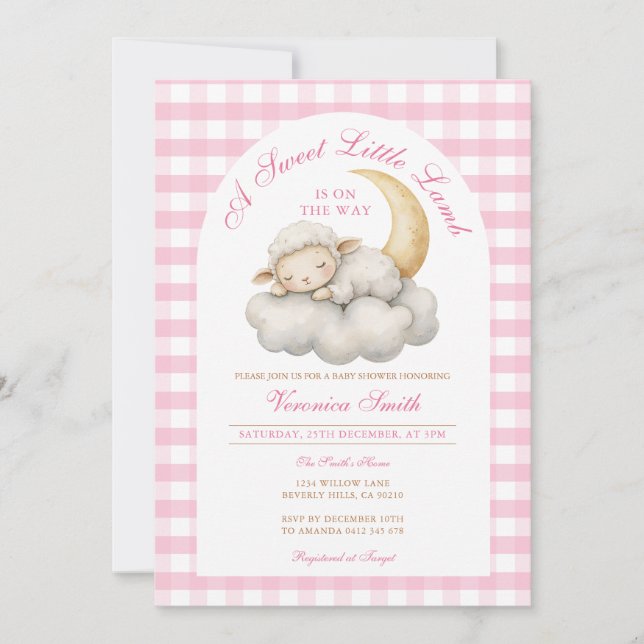 Cute A little lamb baby shower Boho Pink gingham Invitation (Front)