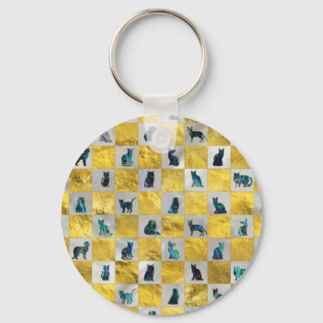 Cute Abalone Shell  Cat Pattern with gold Key Ring (Front)