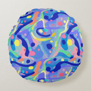 Cute Abstract Blue Pastel Neon Repeating Pattern Round Cushion