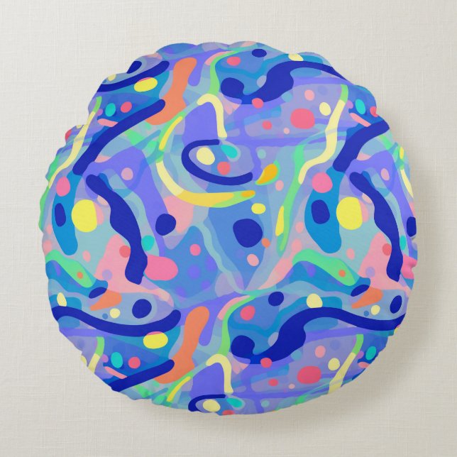 Cute Abstract Blue Pastel Neon Repeating Pattern Round Cushion (Front)