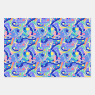 Cute Abstract Blue Pastel Neon Repeating Pattern Wrapping Paper Sheet