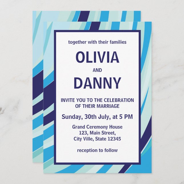 Cute Abstract Blue Stripe Beach Wedding Invitation (Front/Back)